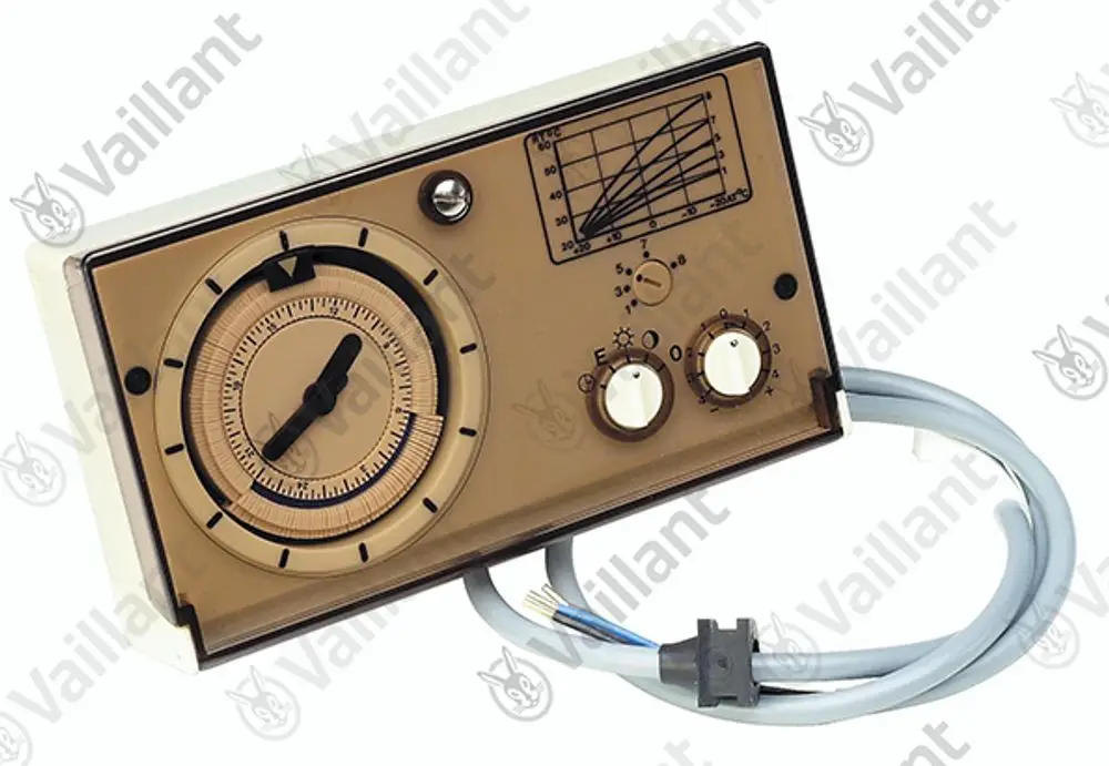 Elektronischer Regler von Vaillant mit analogen Anzeigen, Drehknöpfen zur Temperatur- und Zeitsteuerung sowie einer Anschlussleitung.